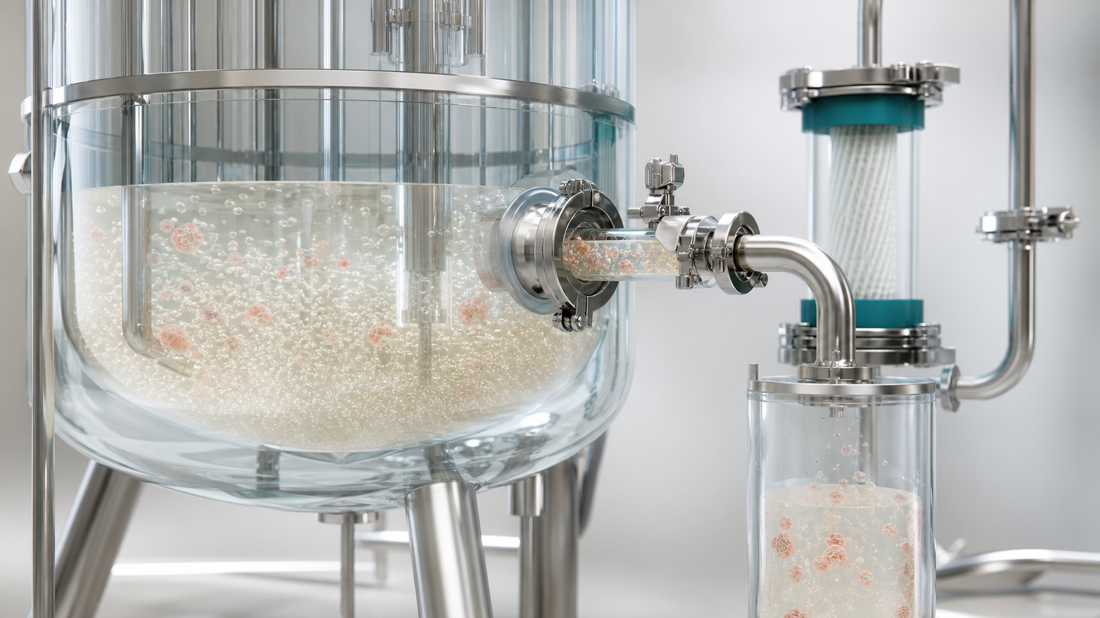 Wide 3D render of culture flowing from a production bioreactor toward a harvest line and filter module.