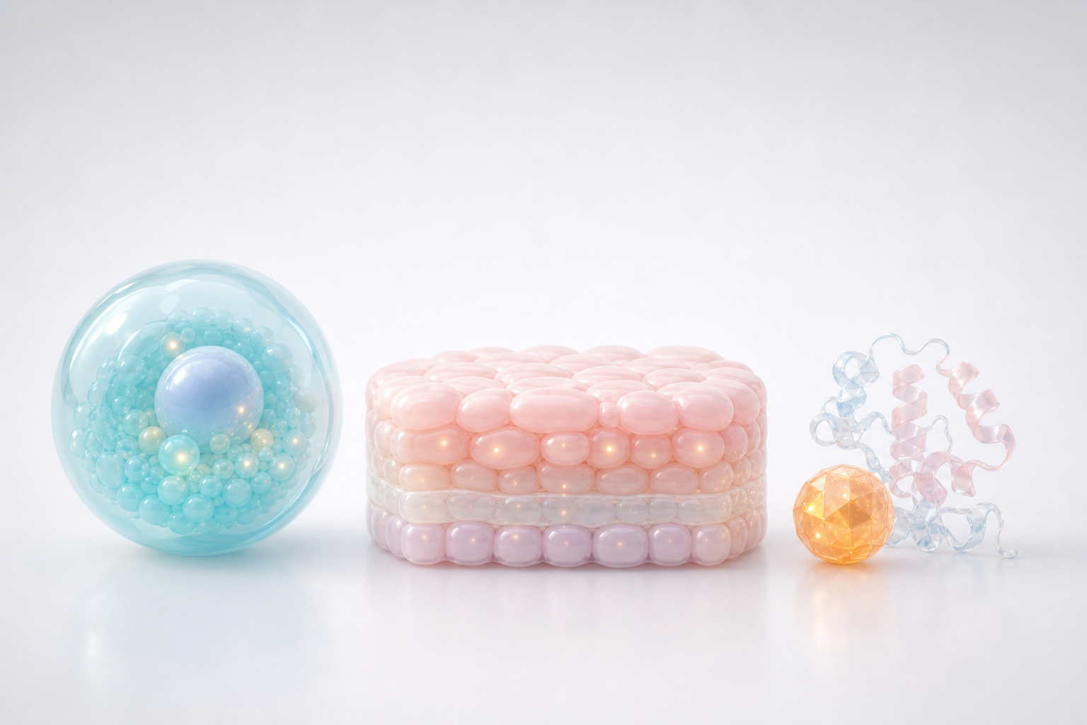 Pastel 3D biology modules arranged as reusable assets for planning biotech render scope