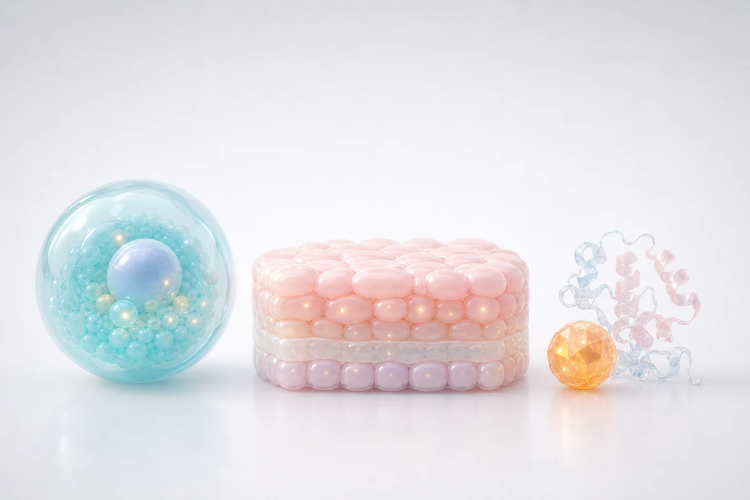 Pastel 3D biology modules arranged as reusable assets for planning biotech render scope