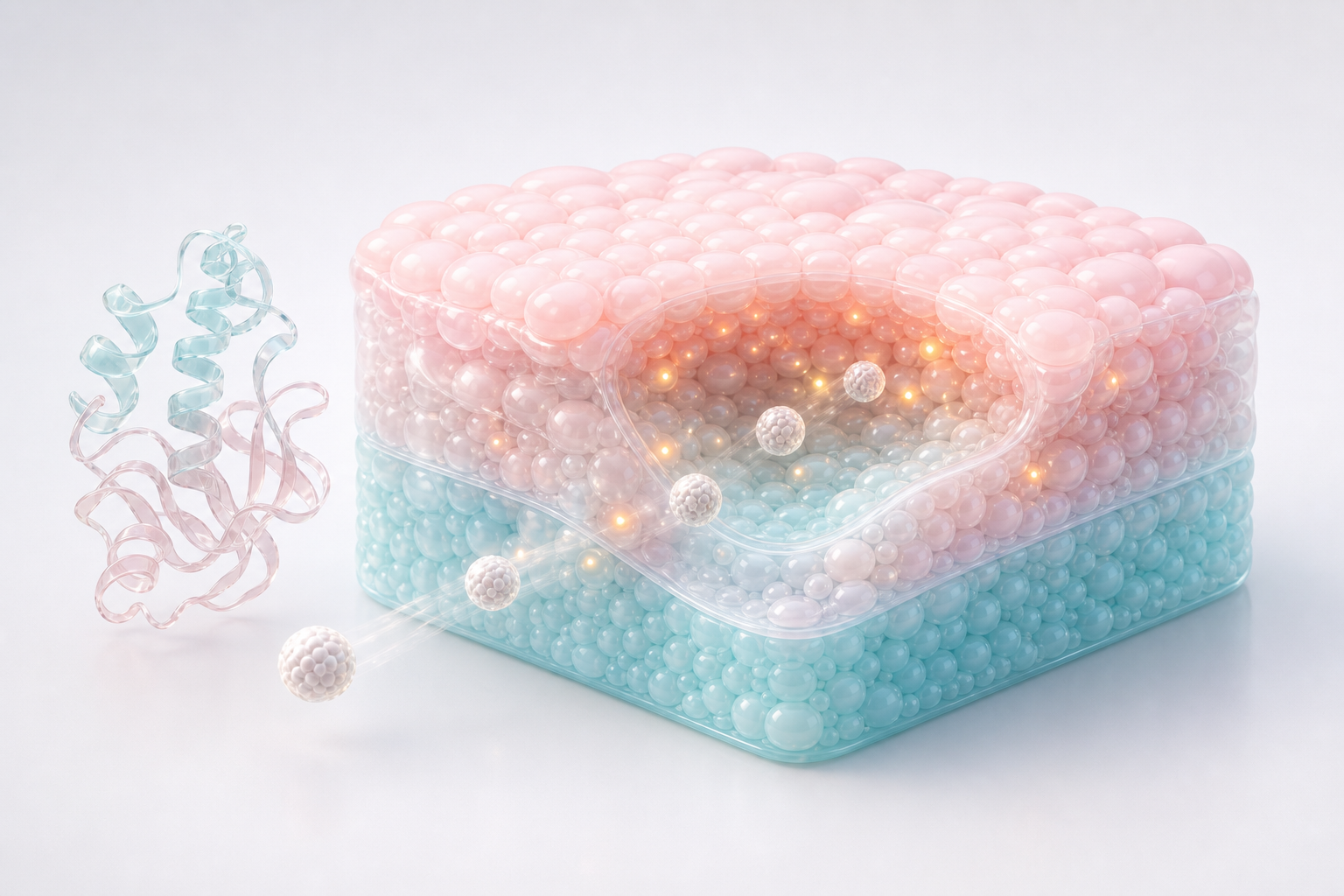 Glossy pastel tissue cutaway with delivery particles and protein ribbon for biotech mechanism rendering