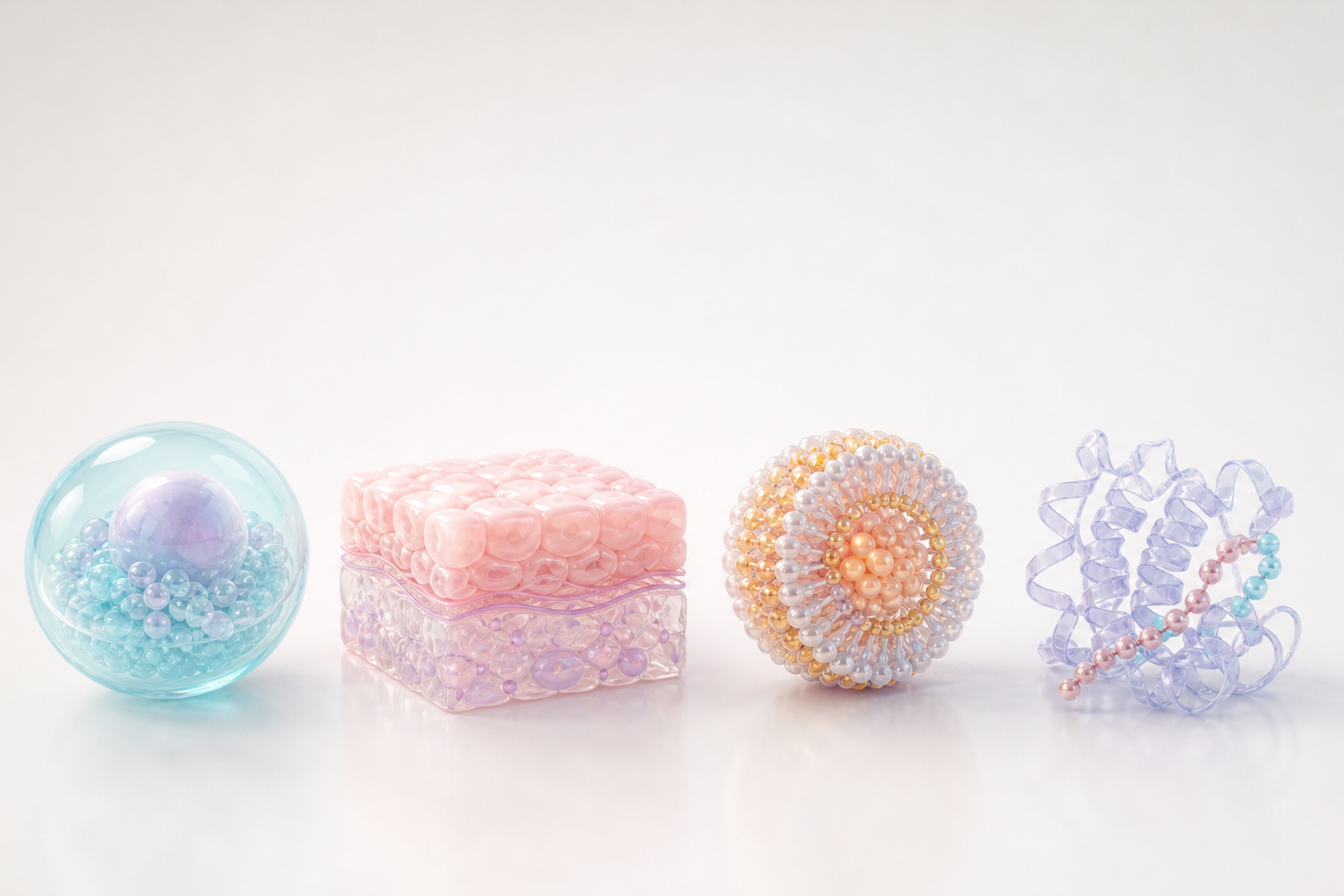 Four soft pastel biomolecular 3D assets showing a reusable biotech render library