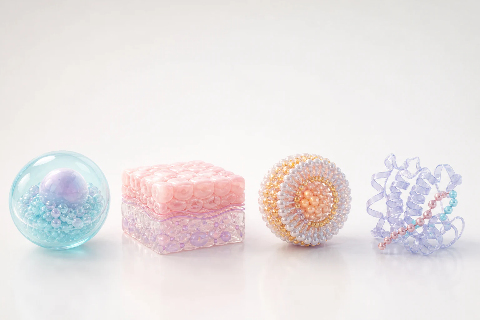 Four soft pastel biomolecular 3D assets showing a reusable biotech render library