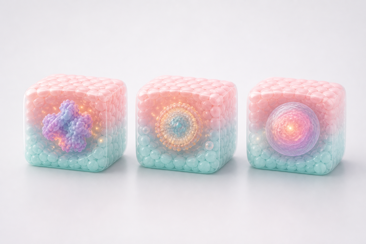 Three pastel translucent tissue blocks showing protein, delivery particle and cell nucleus storyboard moments for biotech explainer video planning