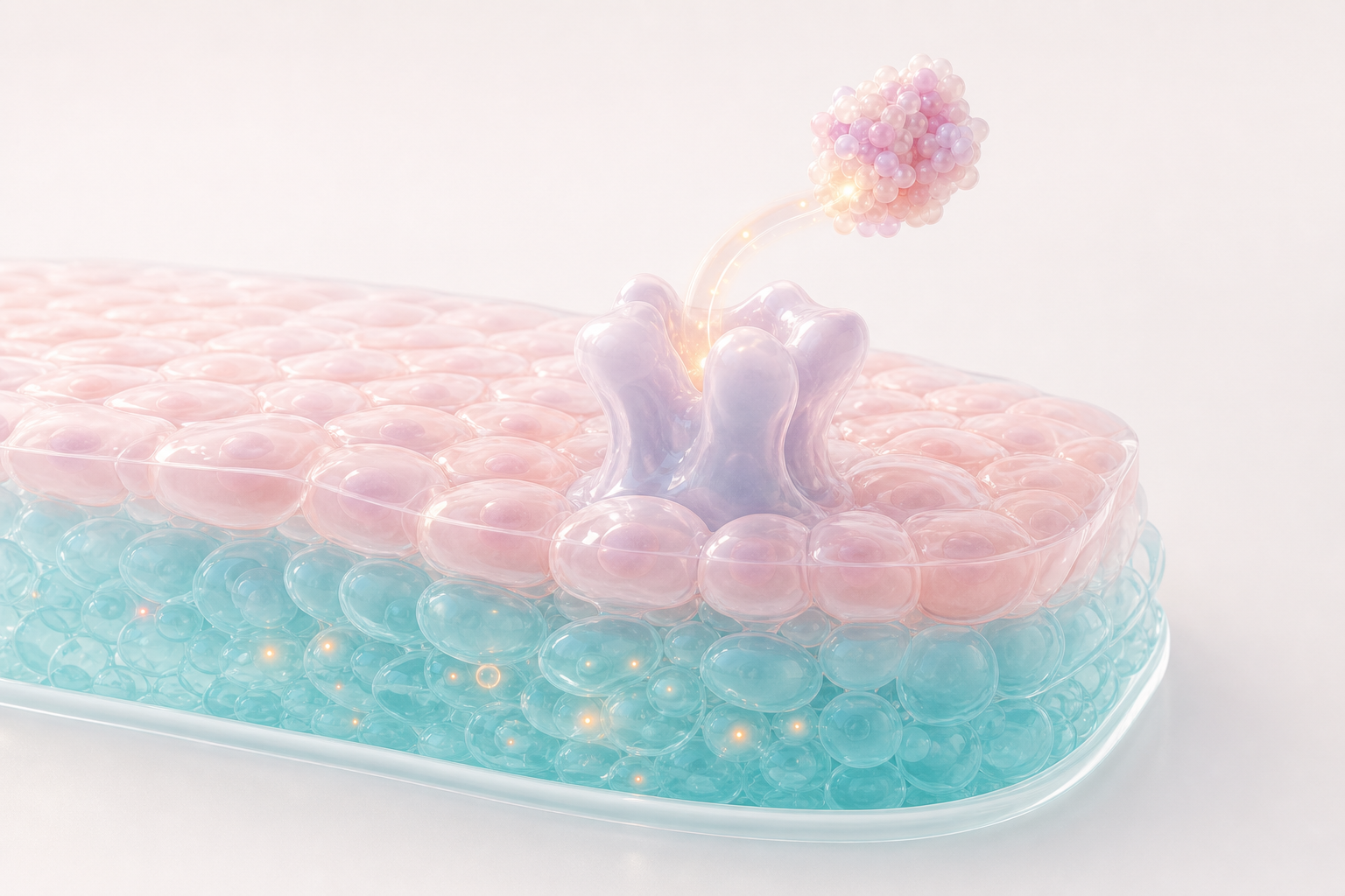 Glossy pastel tissue scene with a therapeutic particle approaching a receptor for a biotech mechanism explainer video