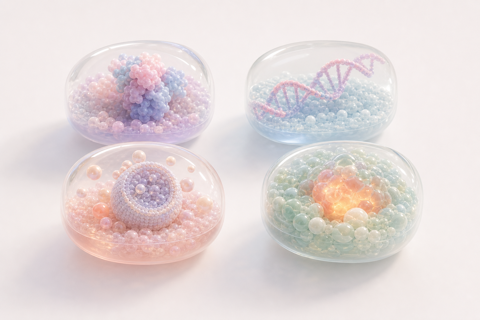 Four translucent biology modules representing reusable protein, nucleic acid, vesicle and tissue assets for biotech video production