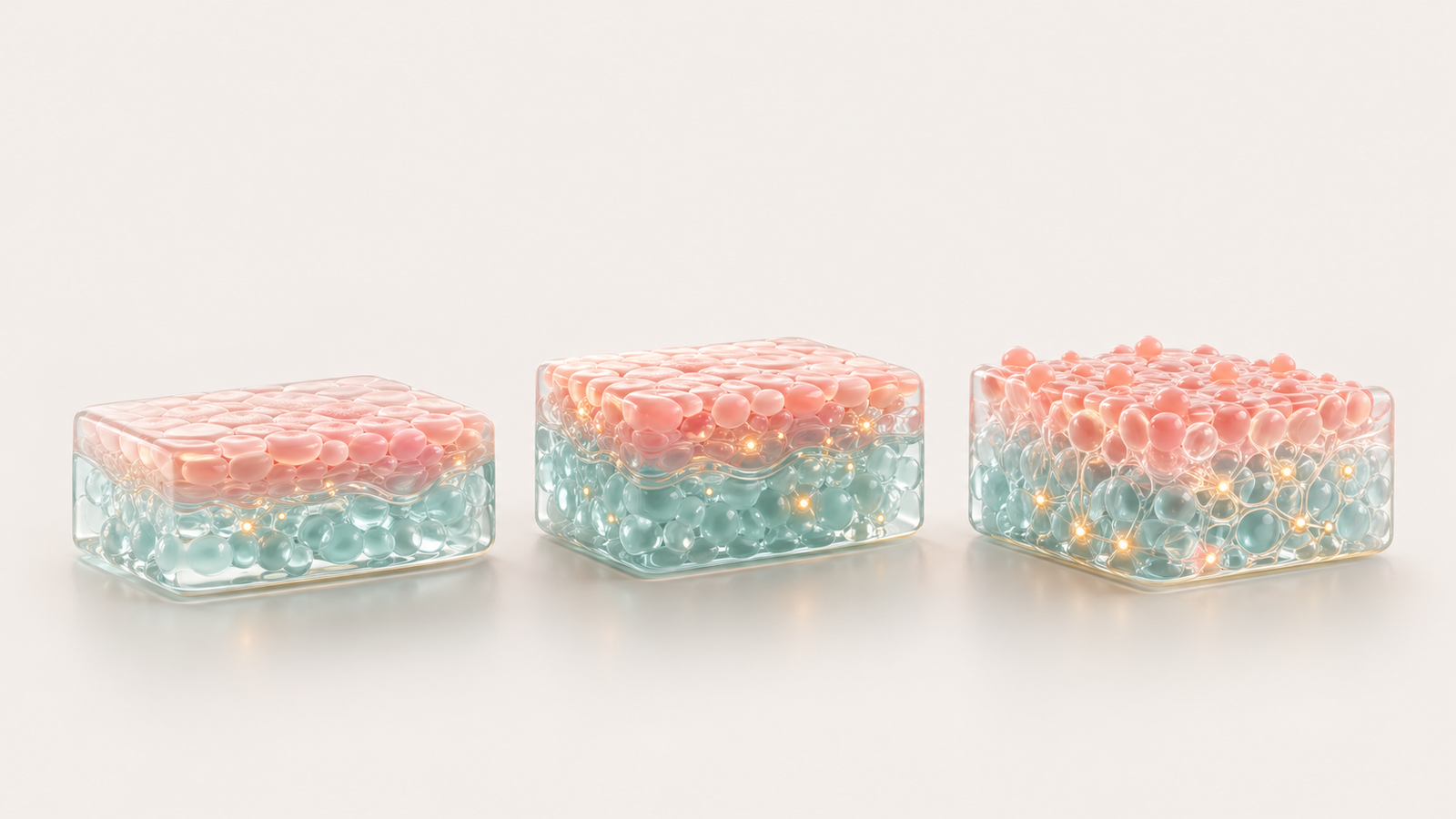 Three glossy pastel tissue modules arranged as a clean progression for biotech investor deck visual architecture