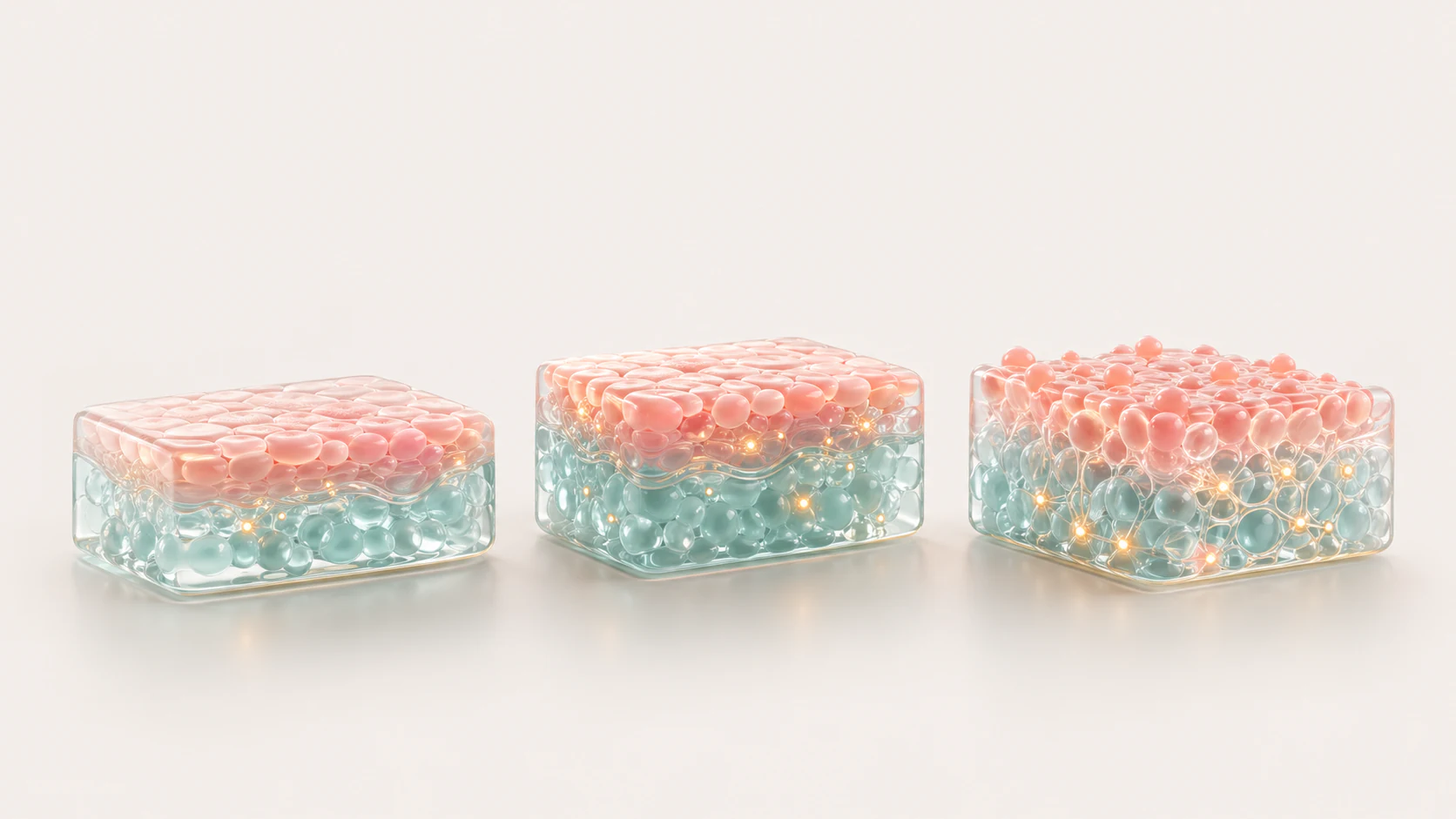 Three glossy pastel tissue modules arranged as a clean progression for biotech investor deck visual architecture