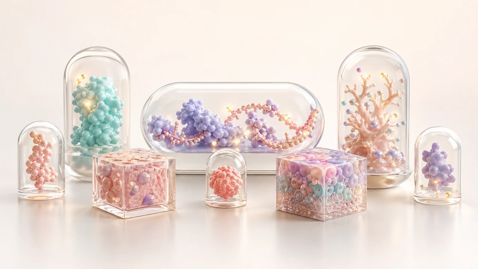 Modular pastel biomolecular render kit in translucent glass capsules for reusable biotech deck visuals