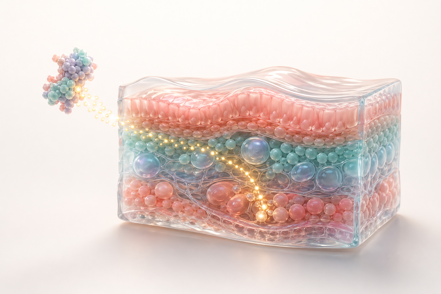 Translucent pastel tissue cutaway with golden signal points connecting a molecular cluster to a mechanism story