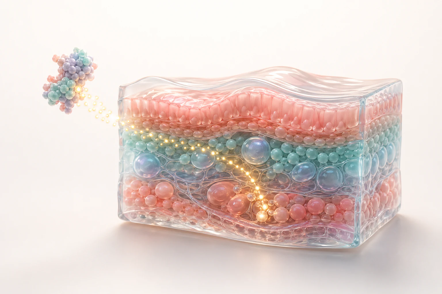Translucent pastel tissue cutaway with golden signal points connecting a molecular cluster to a mechanism story