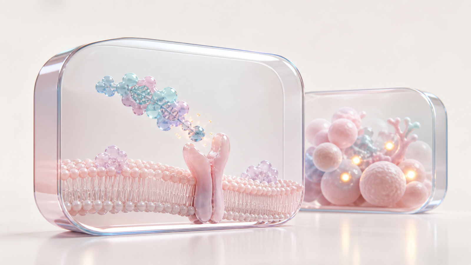 Translucent pastel biotech mechanism module showing a therapeutic molecule approaching a membrane receptor for investor understanding