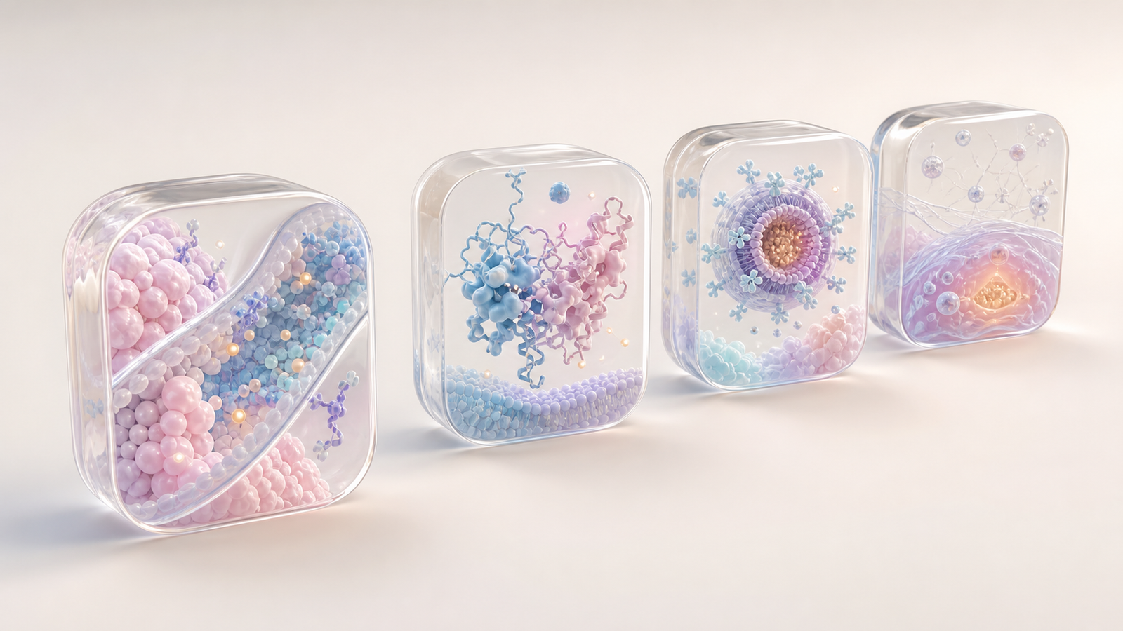 Four glossy translucent biotech scene modules containing tissue, protein, delivery and cellular response visuals in a clean studio render