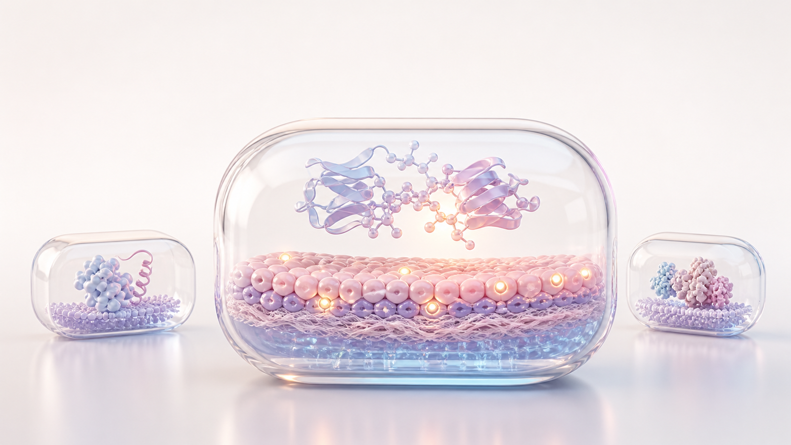 Pastel biomolecular interaction above a layered tissue bed inside a clear rounded capsule with smaller reusable visual assets nearby