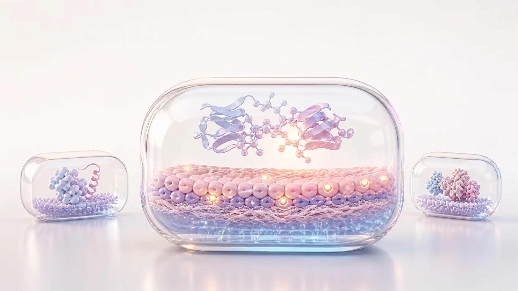 Pastel biomolecular interaction above a layered tissue bed inside a clear rounded capsule with smaller reusable visual assets nearby