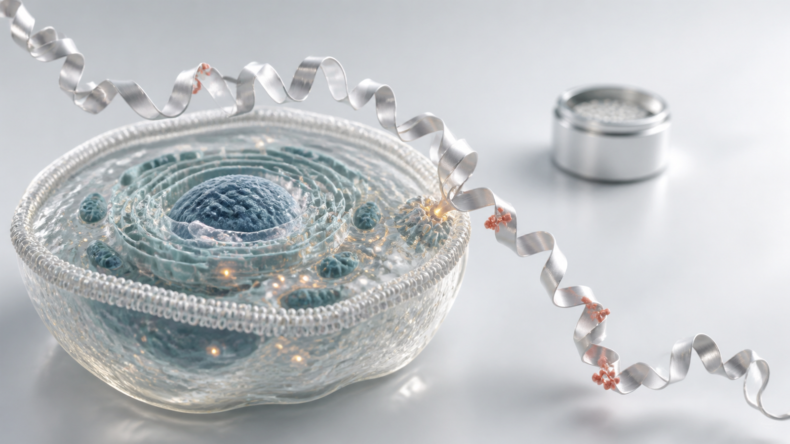 3D render of a cellular volume with a biomolecular ribbon and small assay vessel in a clean studio scene.