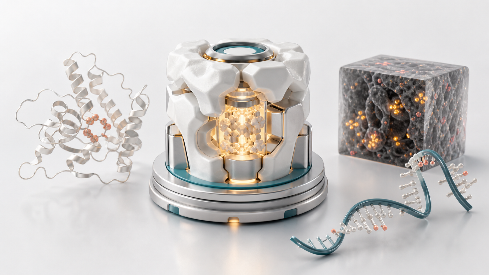 3D render of a biomolecular launch platform core with protein, RNA and assay volume elements.