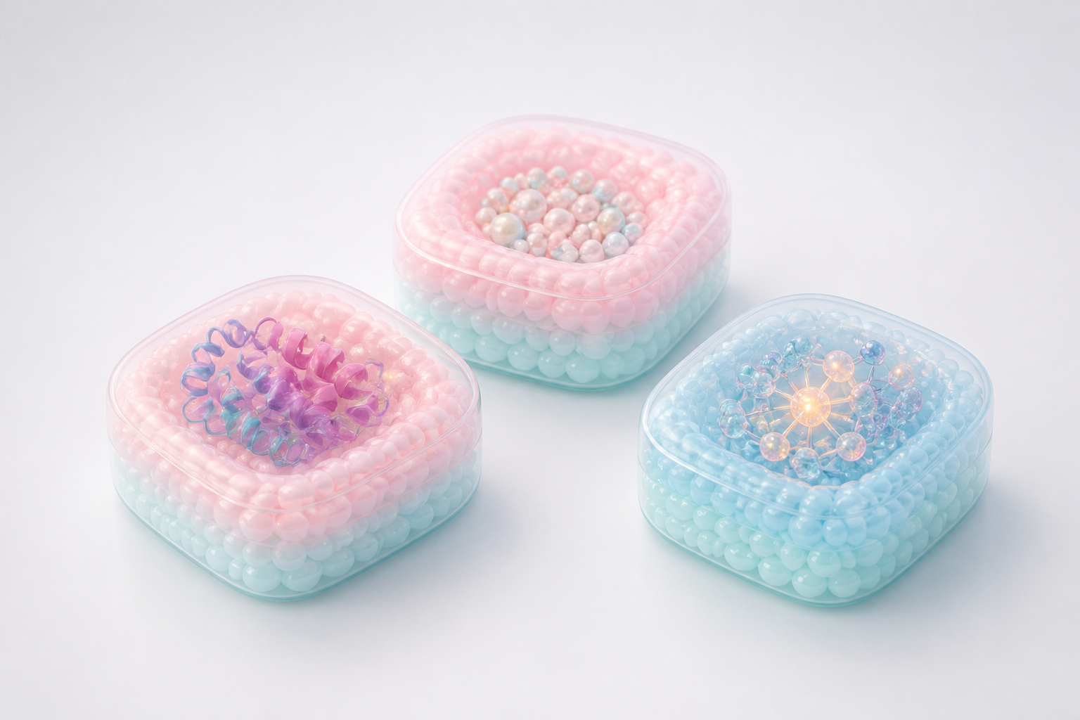 Three glossy pastel biomolecular modules representing platform, mechanism and evidence website visuals