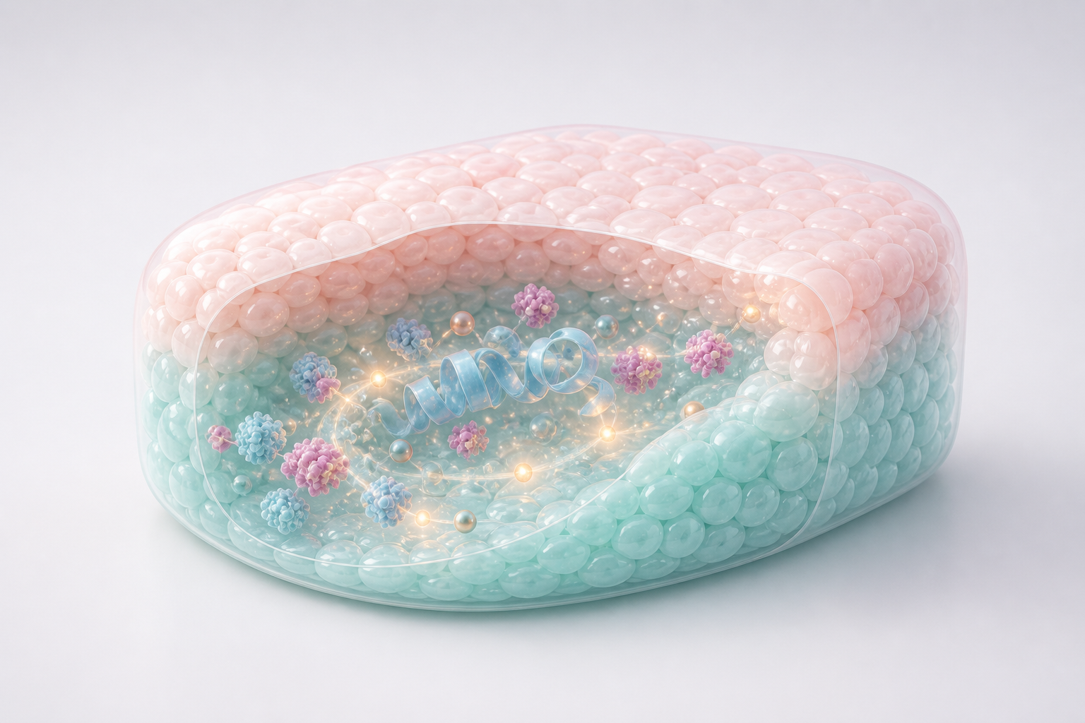 Pastel translucent tissue slab with protein ribbon and therapeutic particles staged for a biotech website hero animation
