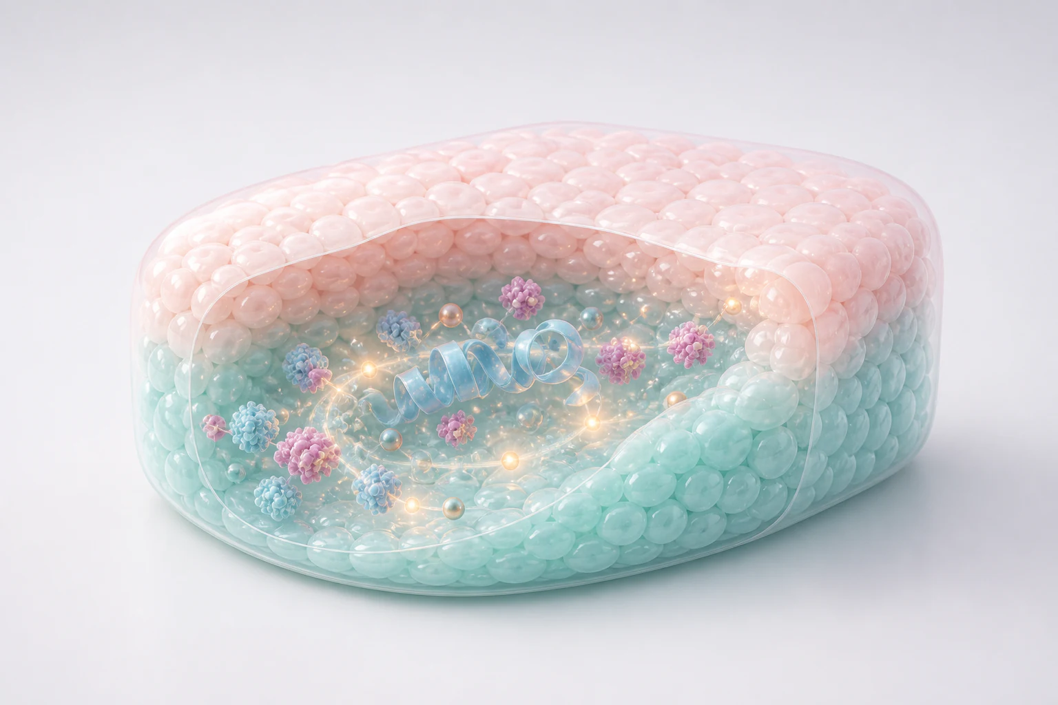 Pastel translucent tissue slab with protein ribbon and therapeutic particles staged for a biotech website hero animation