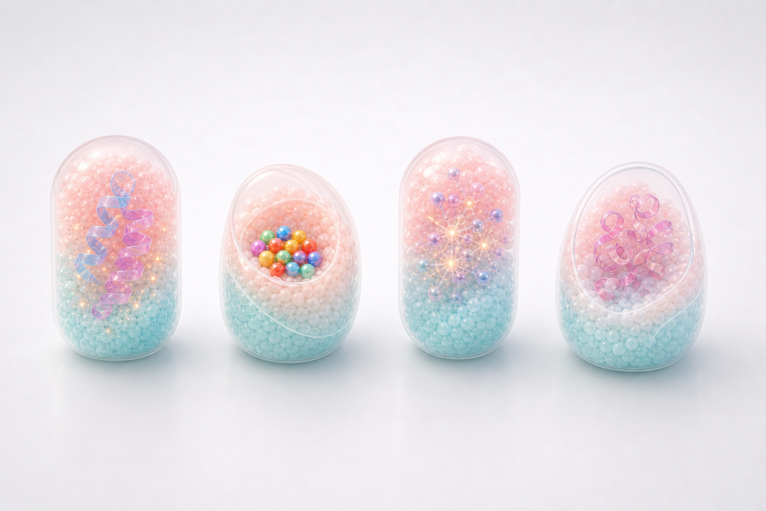 Four translucent pastel biomolecular capsules showing reusable website visual modules for biotech communication