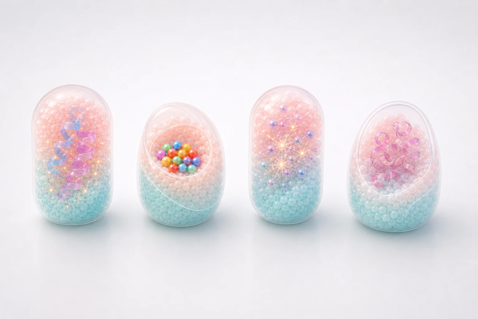 Four translucent pastel biomolecular capsules showing reusable website visual modules for biotech communication