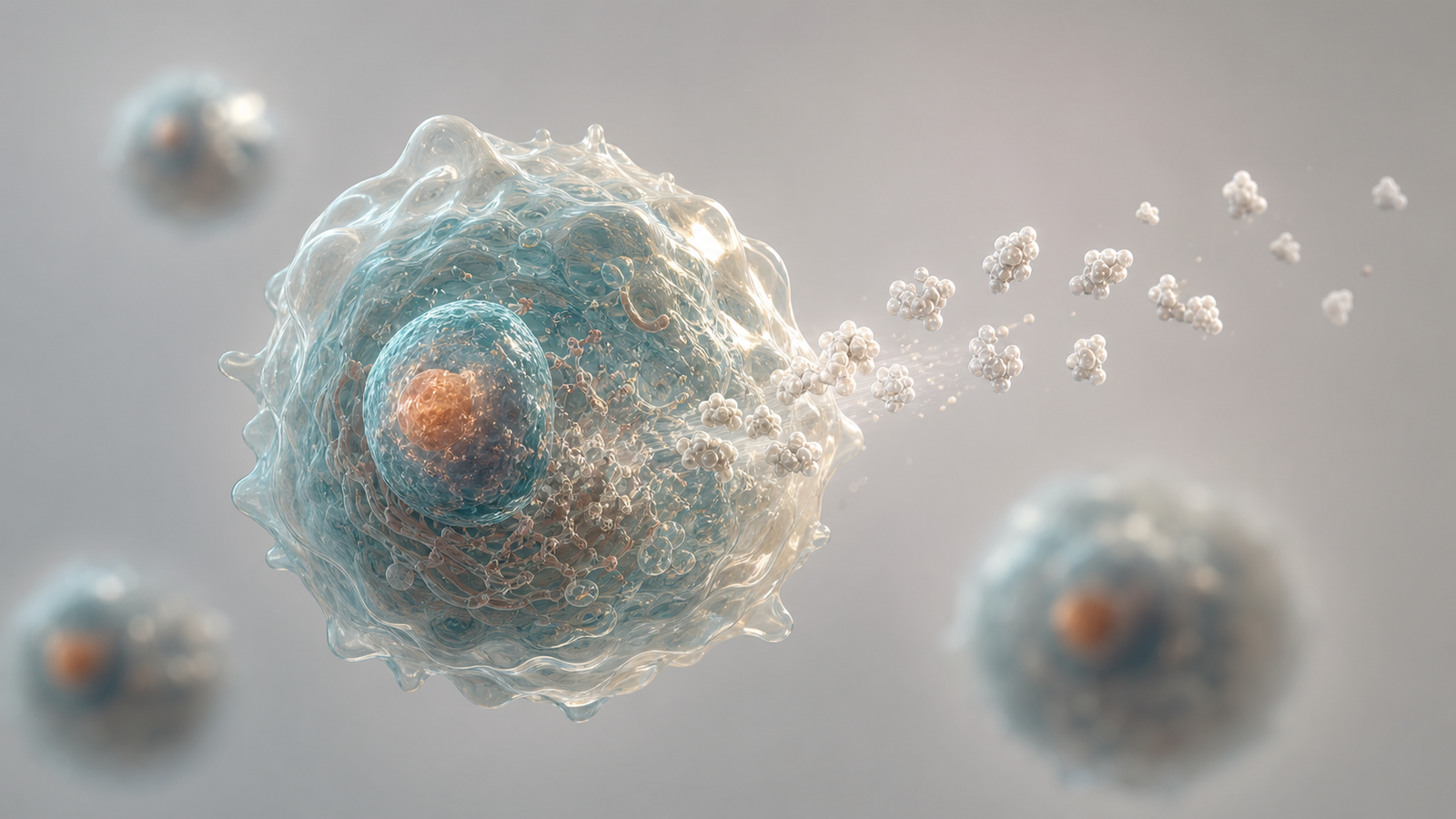 Premium 3D render of one selected mammalian production cell releasing therapeutic protein forms during clone selection.