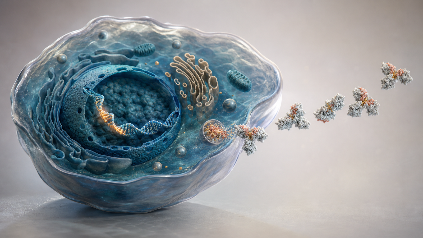 Premium 3D cutaway render of a production cell with DNA expression cue and consistent therapeutic protein output.