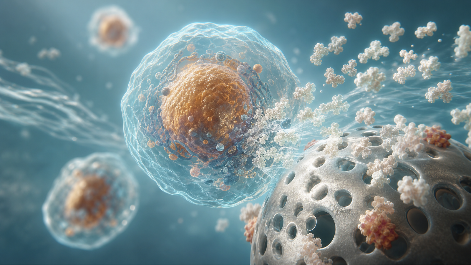 Premium 3D render of a production cell near a microcarrier with therapeutic proteins showing scale-up readiness.