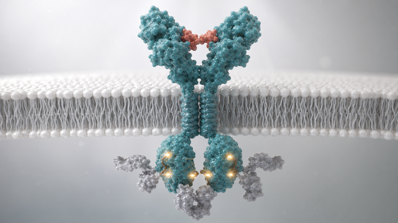 Wide 3D render of a teal receptor tyrosine kinase dimer in a pearl membrane with restrained amber activation points.