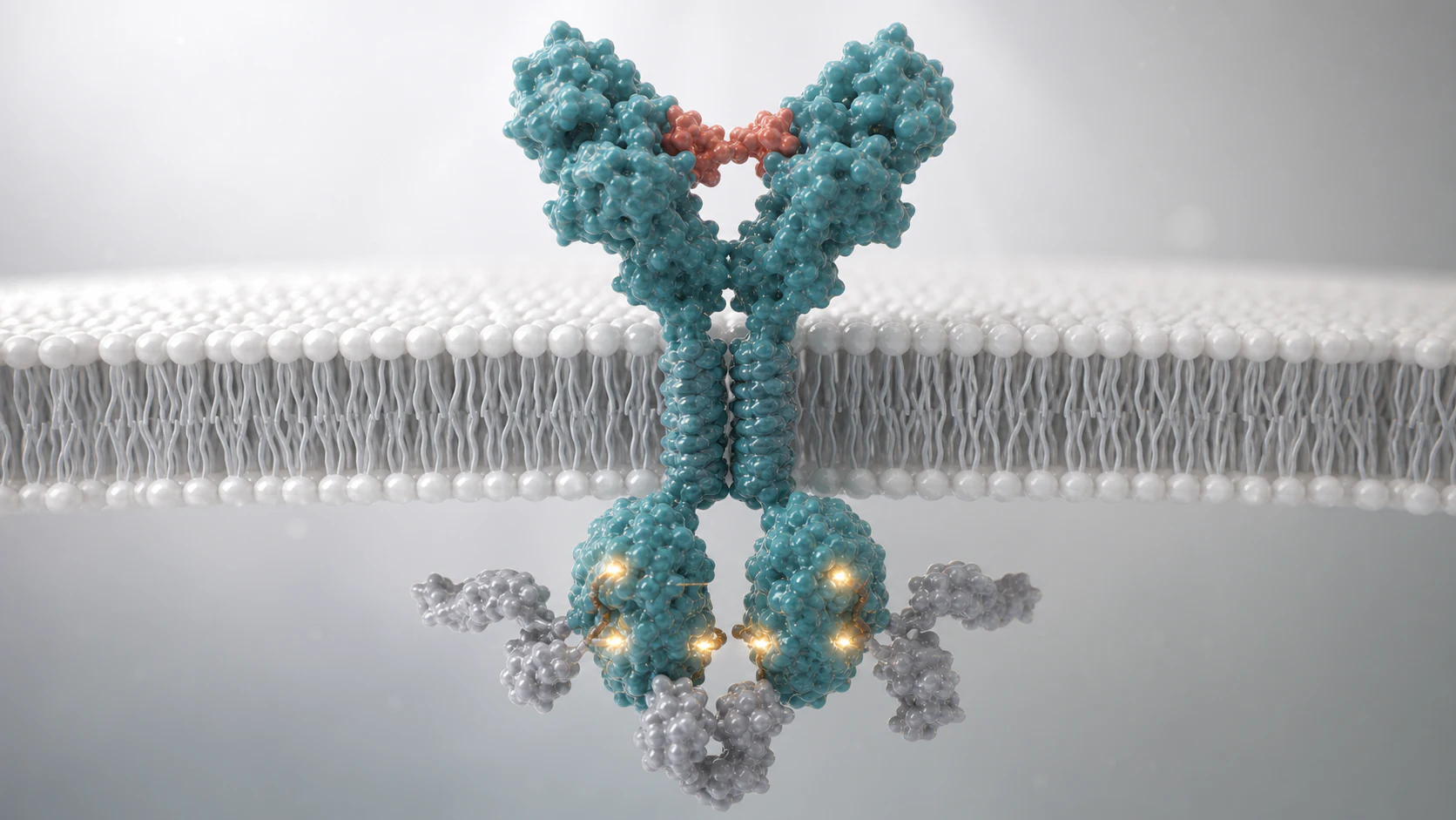 Wide 3D render of a teal receptor tyrosine kinase dimer in a pearl membrane with restrained amber activation points.