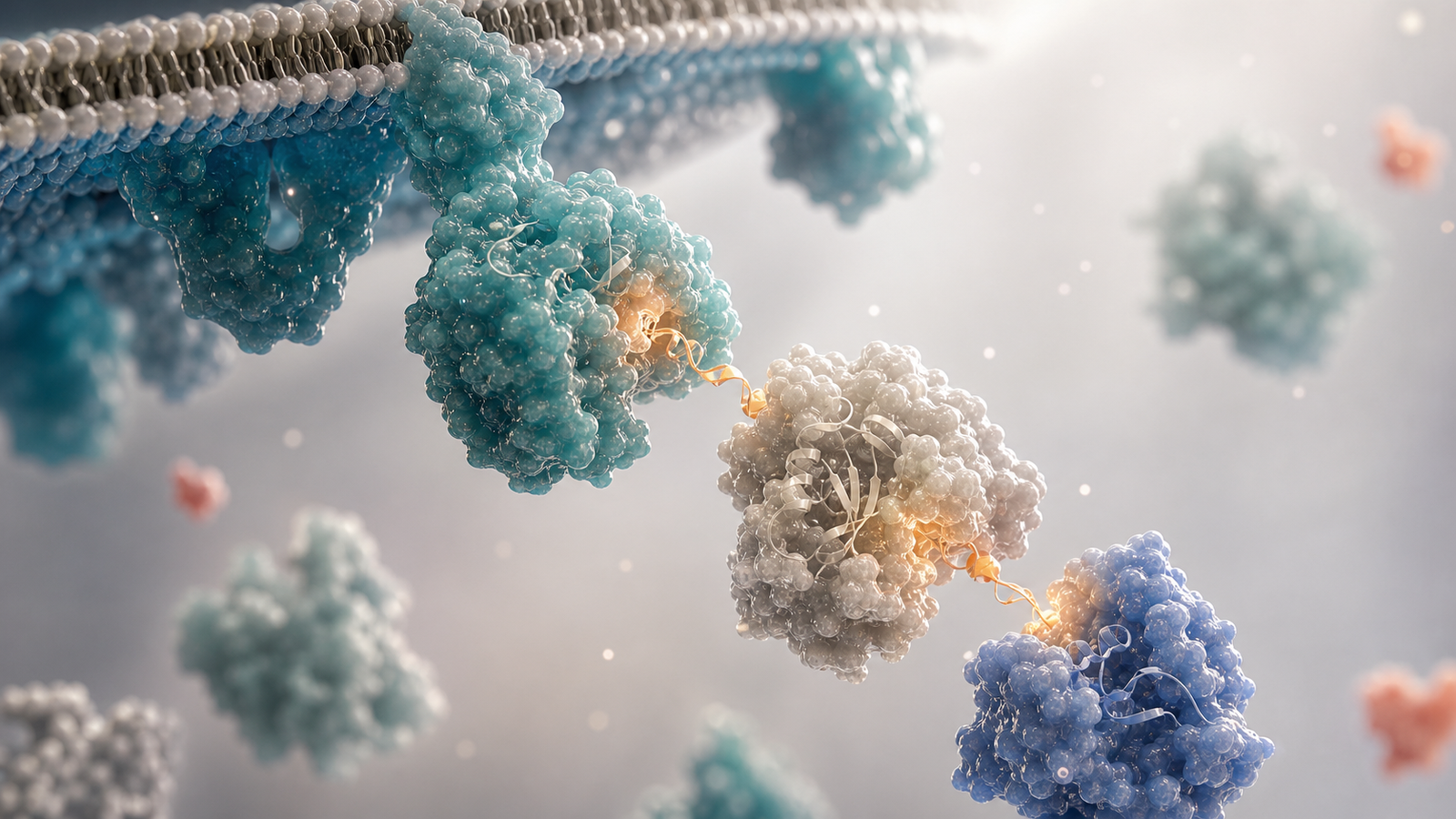 Wide 3D render of three biomolecular signaling proteins under a membrane connected by a restrained amber activation path.