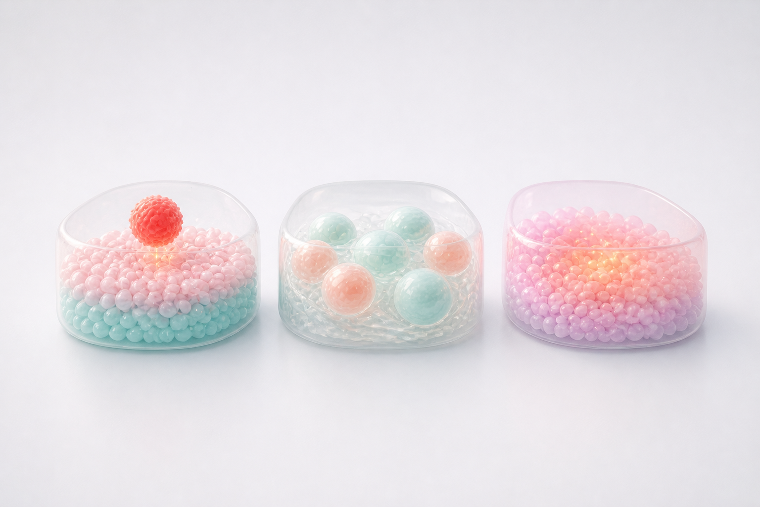 Three translucent pastel capsule renders mapping cell therapy source, engineering and tissue activity