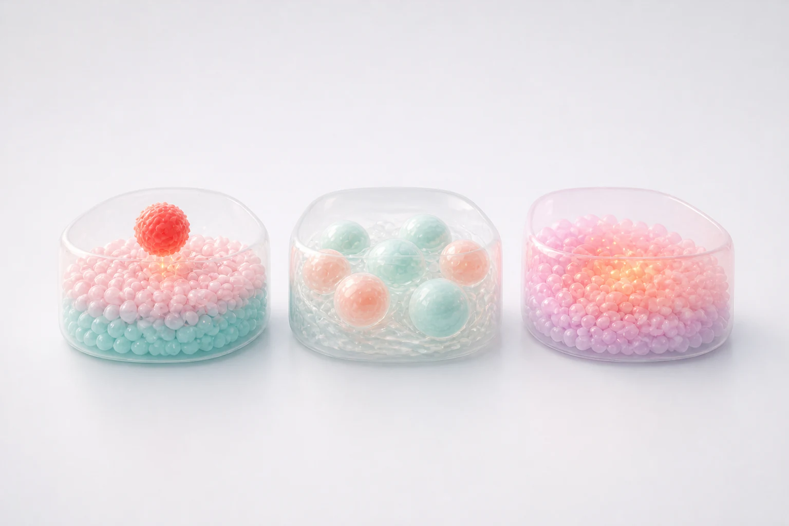 Three translucent pastel capsule renders mapping cell therapy source, engineering and tissue activity
