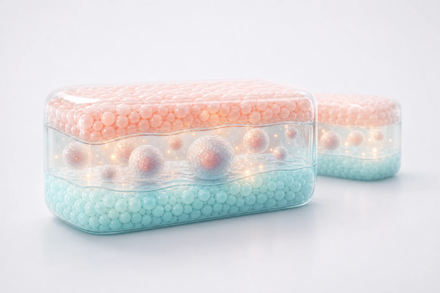 Translucent pastel bioprocessing chamber with suspended engineered cell spheres and warm release signals