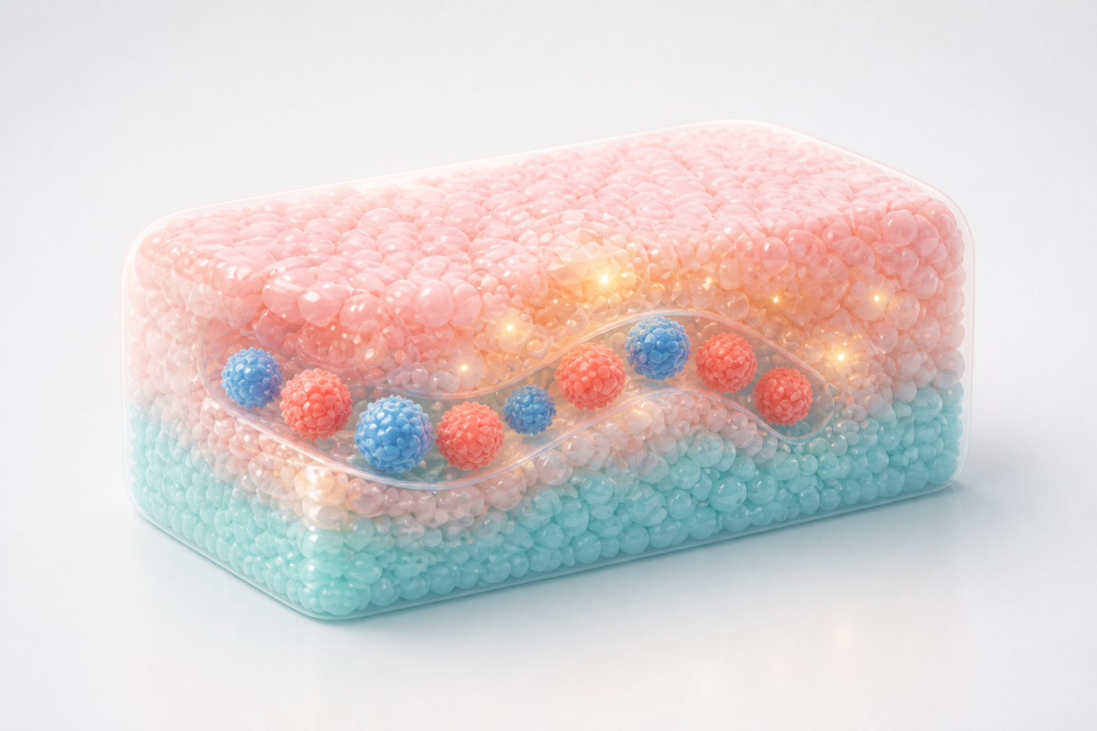 Pastel translucent tissue block with coral and blue therapeutic cells moving through a curved tissue path