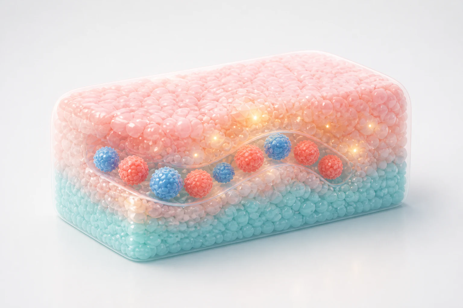 Pastel translucent tissue block with coral and blue therapeutic cells moving through a curved tissue path