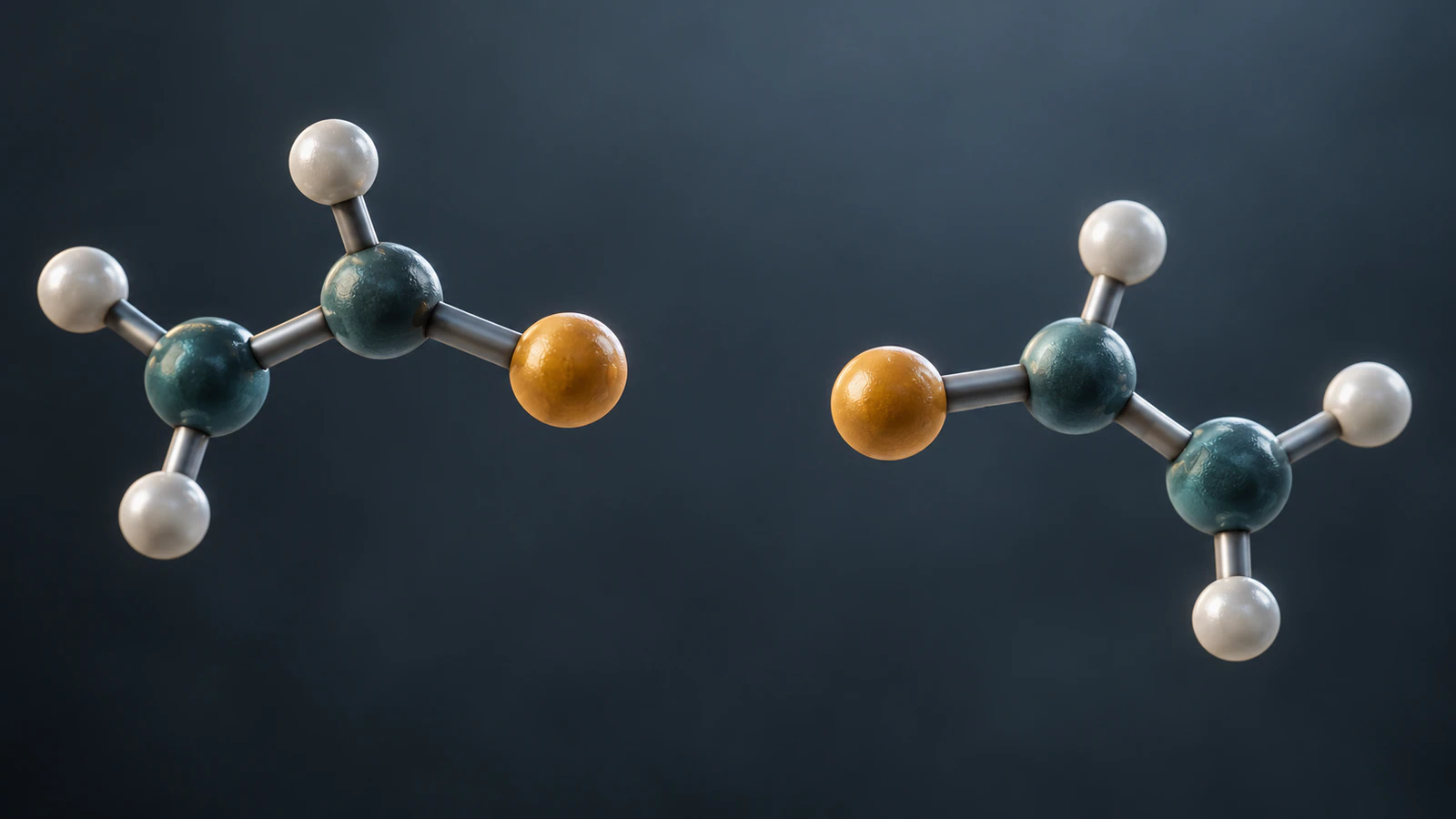 Two simplified molecular stick fragments with amber endpoints facing across an open gap