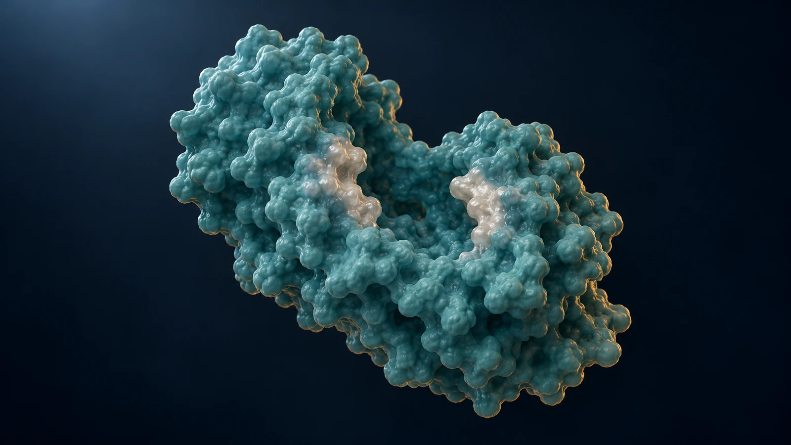 Conceptual teal molecular surface with two pale patches on opposite sides of a visible cleft