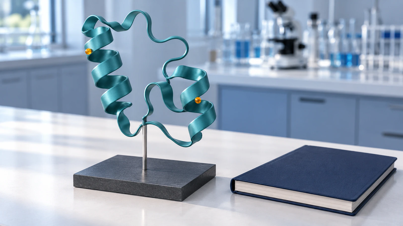 Teal protein ribbon teaching sculpture with two amber highlights beside a plain laboratory notebook