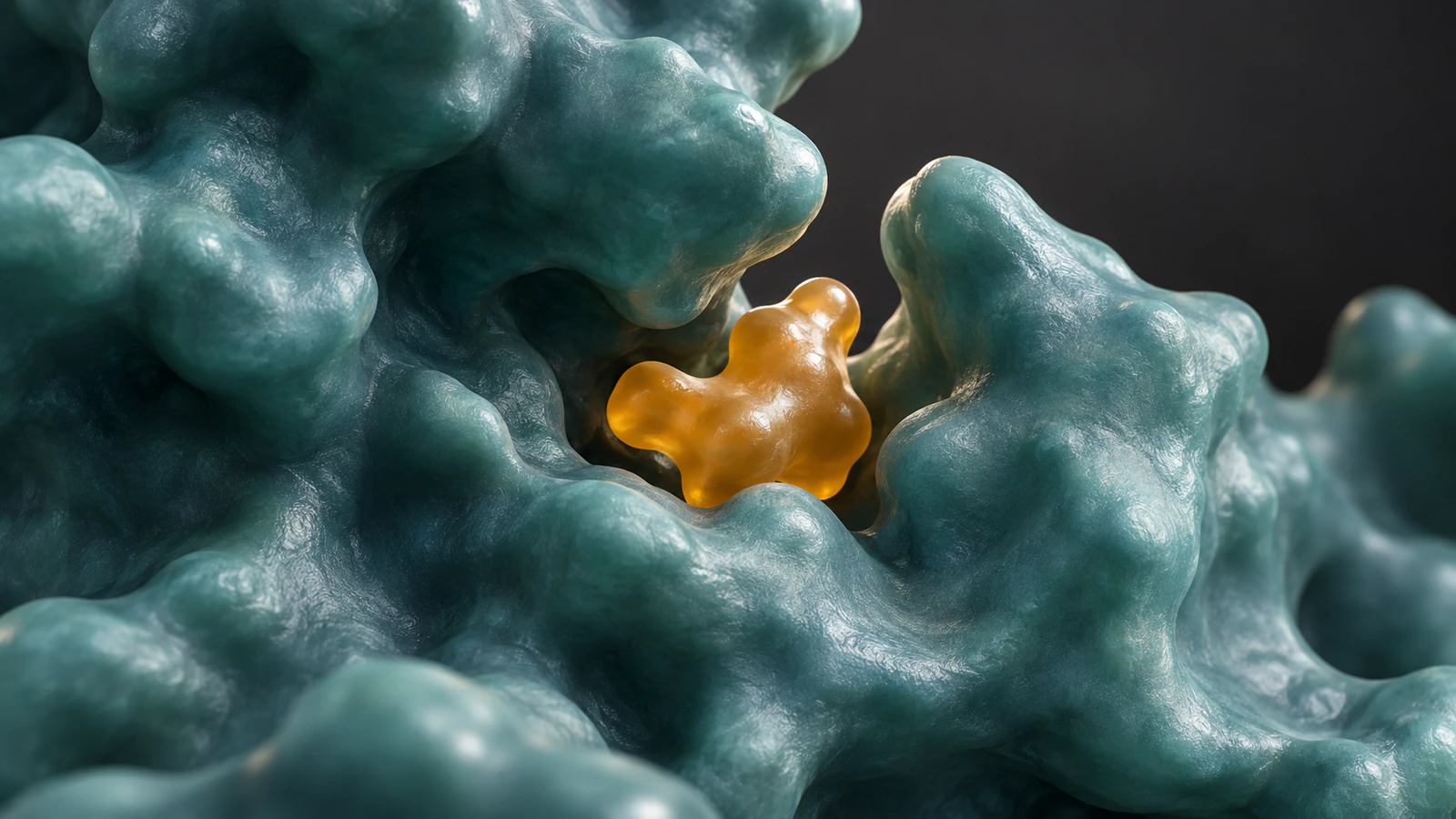 Close conceptual view of an amber ligand beside distinct teal protein pocket surfaces