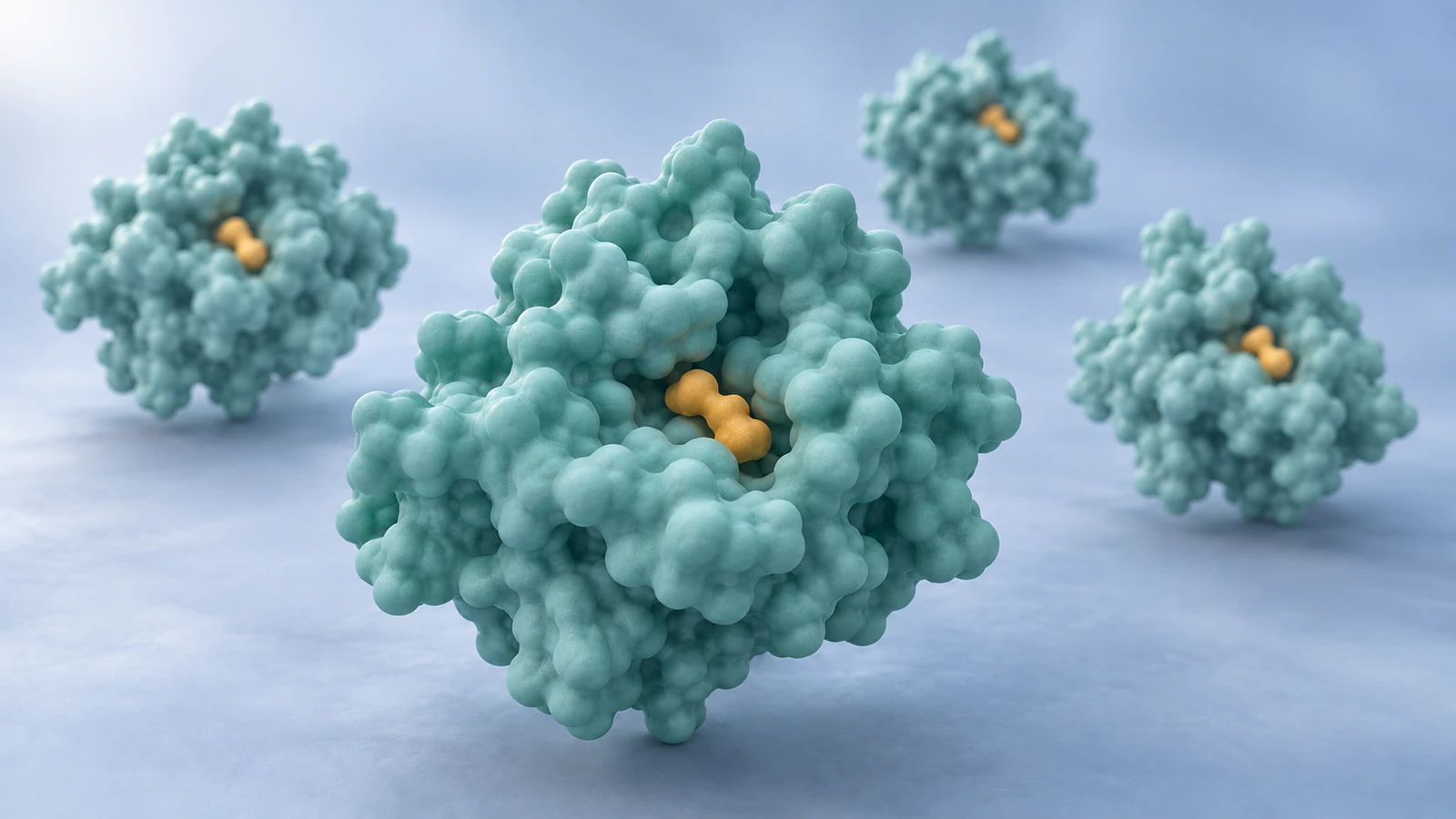 Four separate conceptual protein-ligand complexes, with one foreground complex in focus