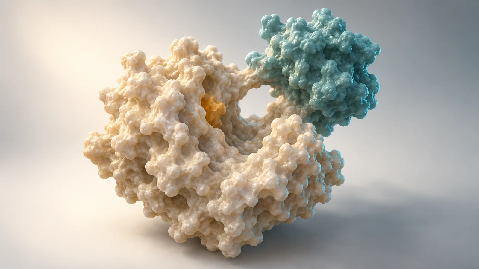 Conceptual pearl protein core connected to a teal lobe beside an open cleft