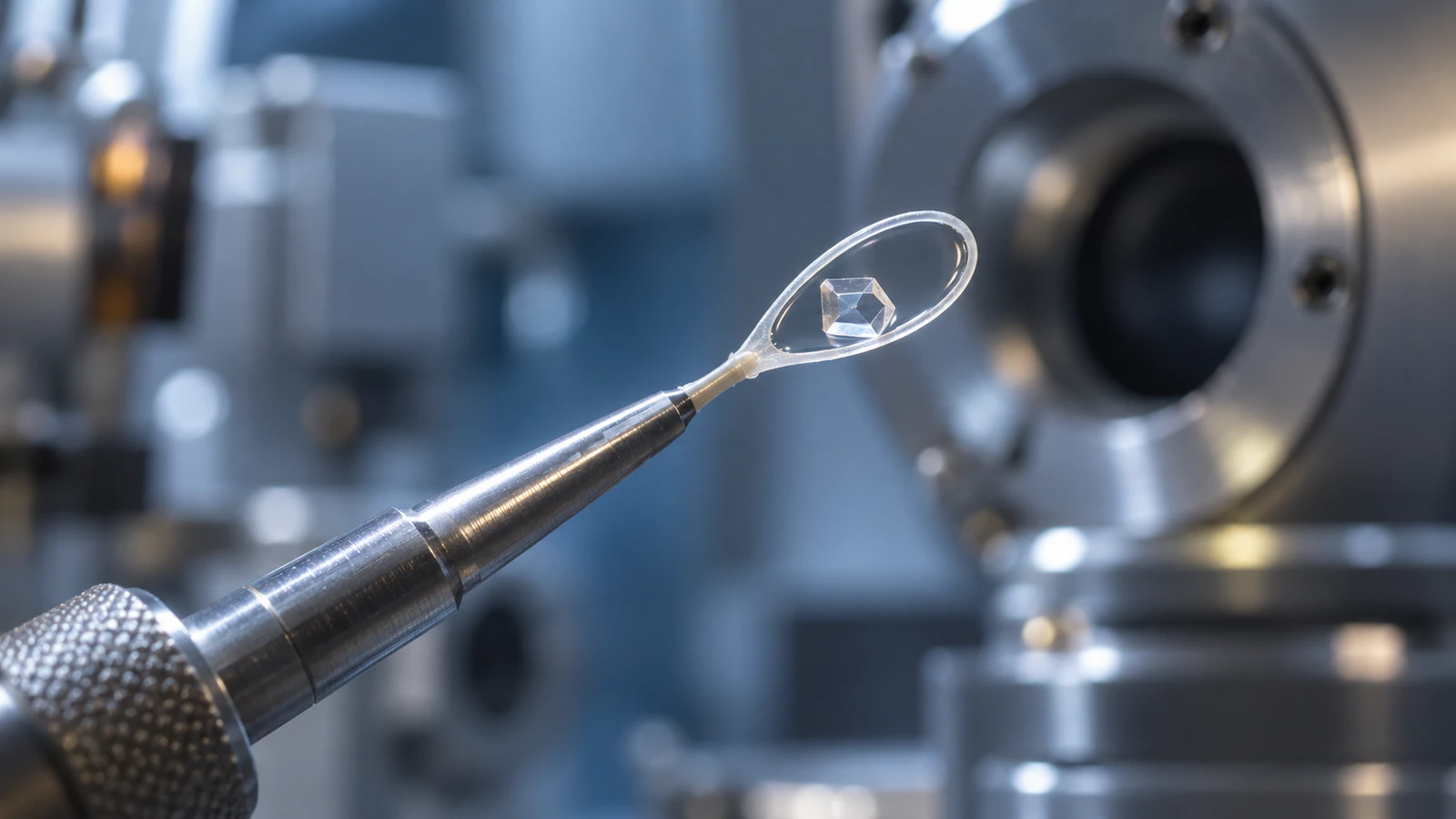 Conceptual protein crystal held inside a cryocrystallography mounting loop beside blurred laboratory hardware