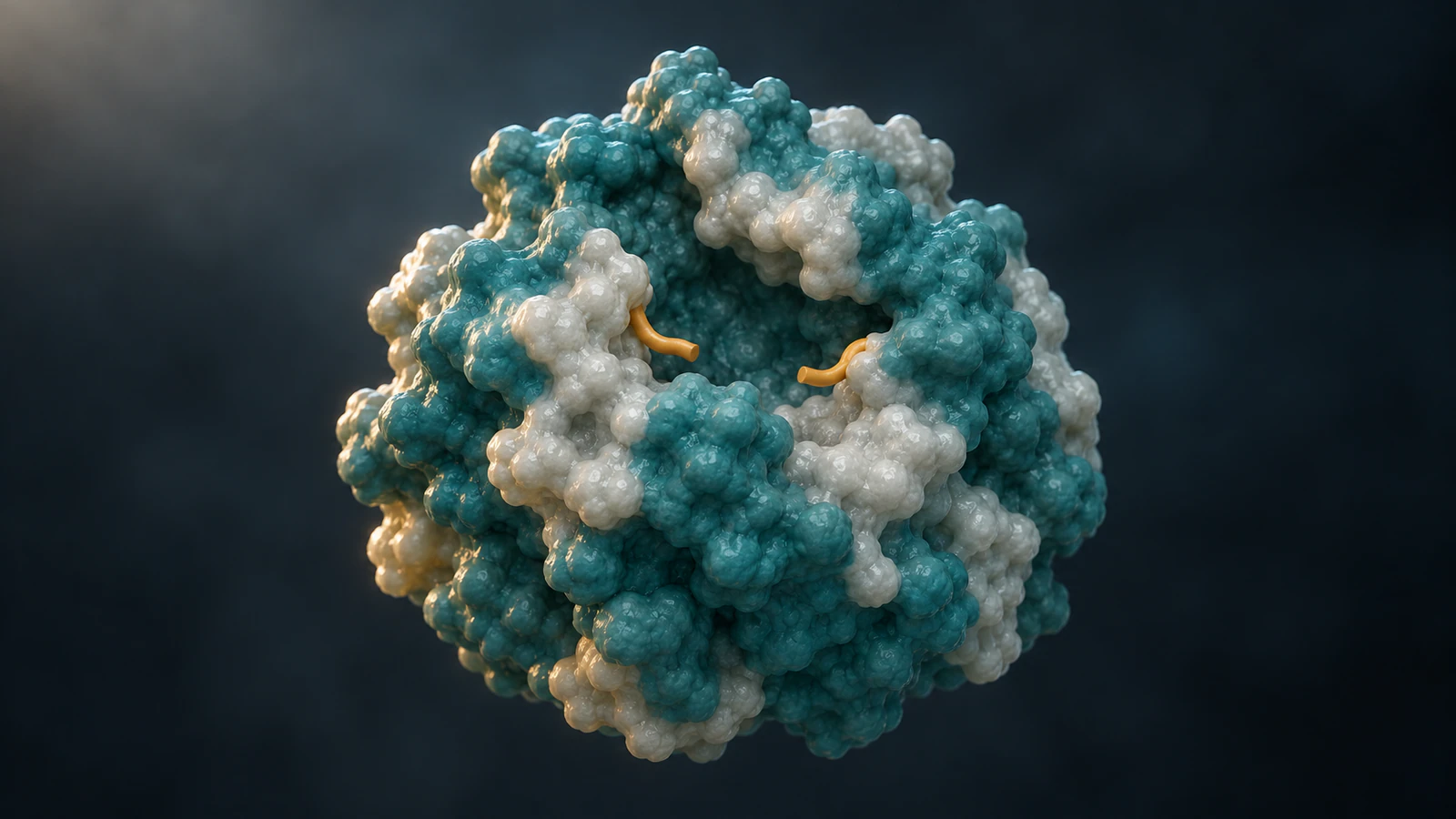 Conceptual teal and pearl protein surface with two amber backbone ends separated by an open interval