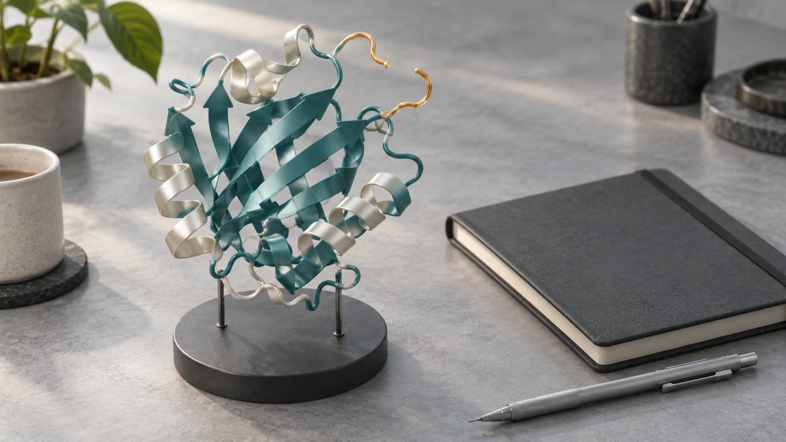 Teal and pearl physical protein model with an open amber loop interval beside a plain notebook and pencil