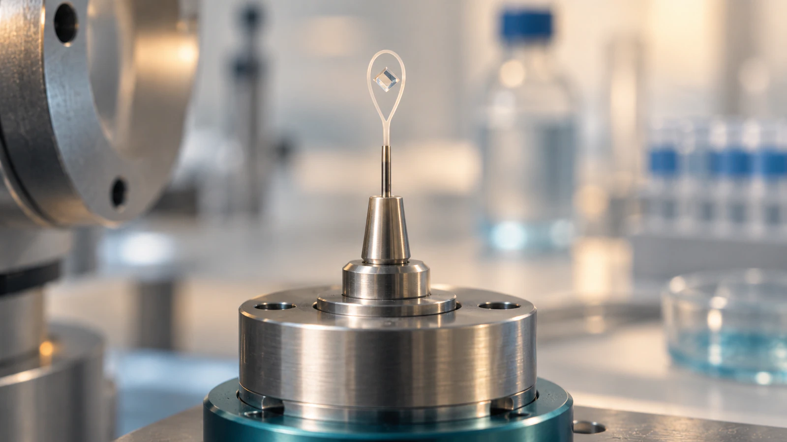 Small angular protein crystal held in a delicate sample loop above a silver crystallography mounting pin