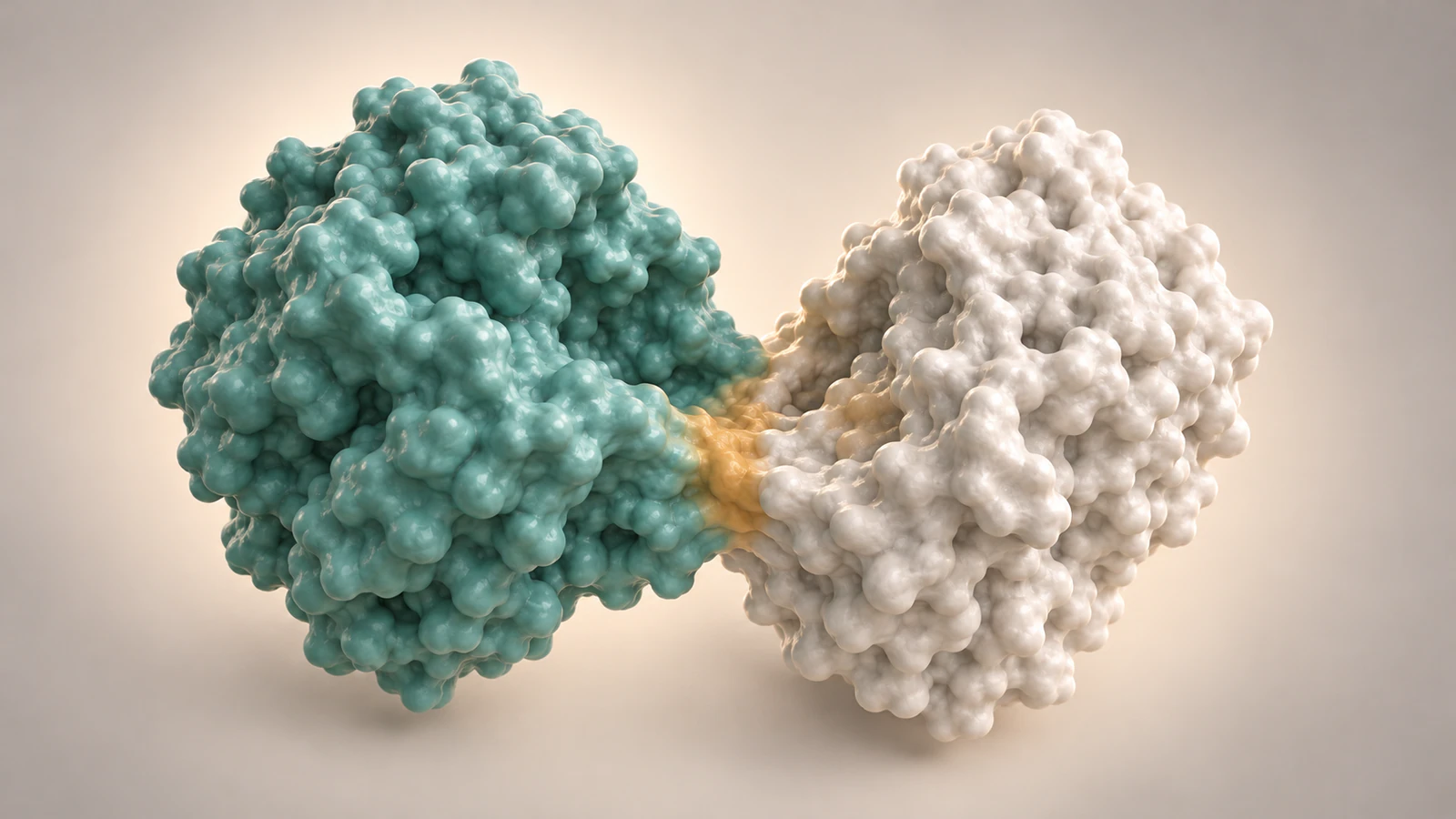 Complete conceptual protein surface with teal and pearl lobes joined around an open cleft