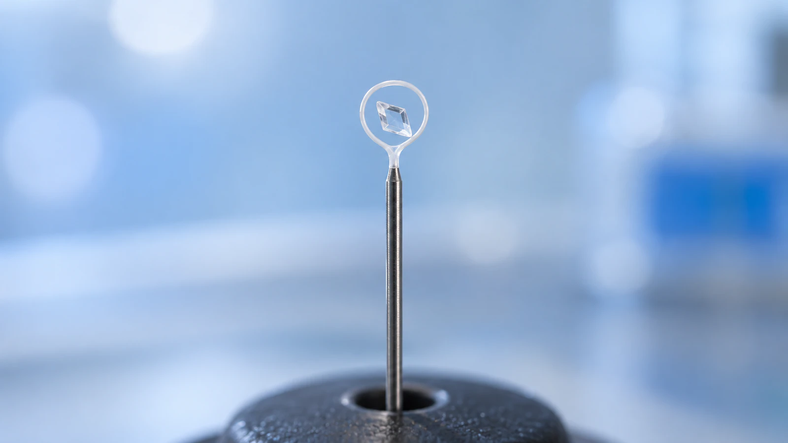 Small angular protein crystal held within a delicate loop on a silver crystallography mounting pin