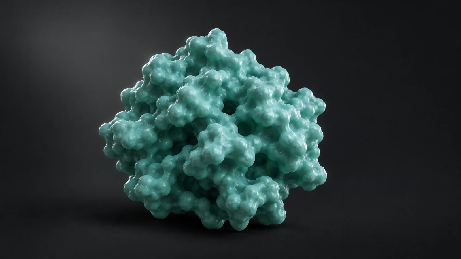 Opaque teal conceptual protein molecular surface with a complete outline on a graphite background