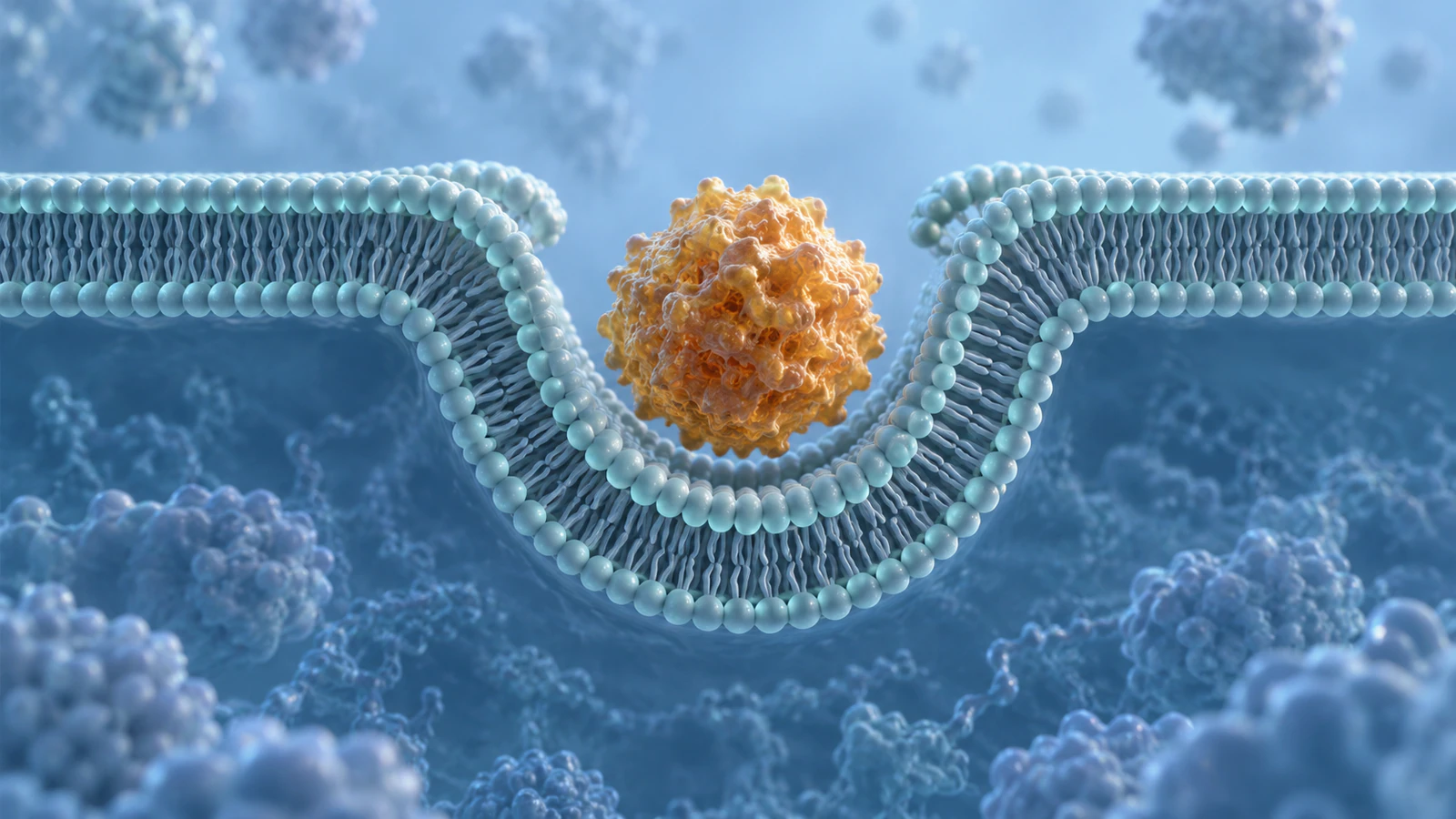 Conceptual lipid bilayer forming an open inward pocket around an extracellular amber cargo particle